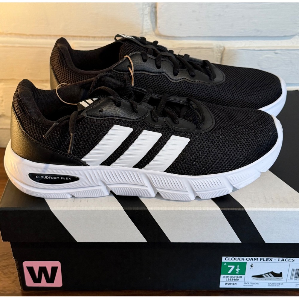 Adidas Cloudfoam Flex Laces Women 7.5 Black White Running Shoes Athleisure Walk